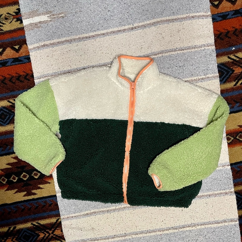 Colorblock Sherpa Zip-Up Jacket in Cream, Forest Green & Lime